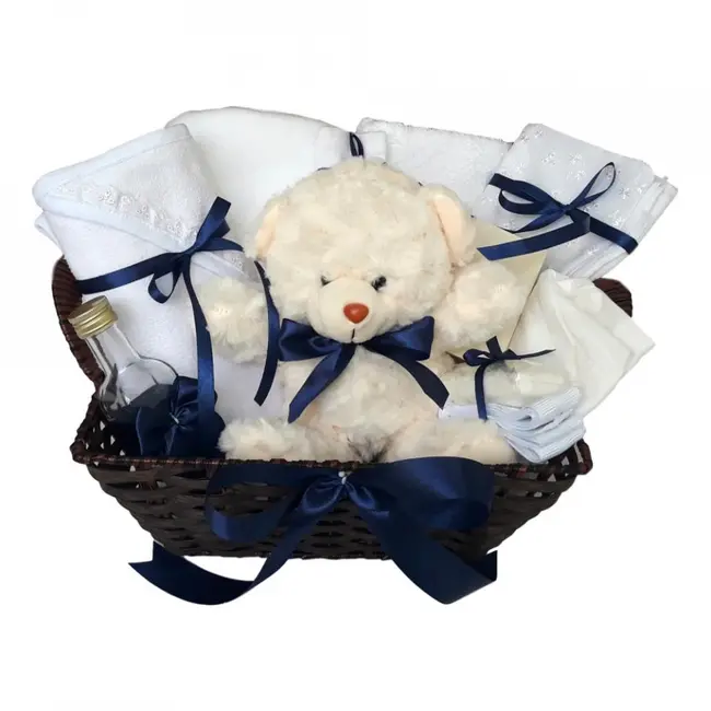 Cos cadou trusou botez, Ursulet, decor Bleumarin, 12 piese, Denikos® 642 NKO3060