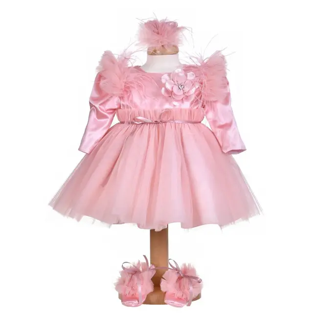 Rochita botez fetita, culoare dusty rose, 3 piese, Denikos&reg; H027 NKO5876