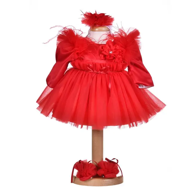 Rochita botez fetita, rosie din satin si tul, 3 piese, Denikos&reg; H024 NKO5873