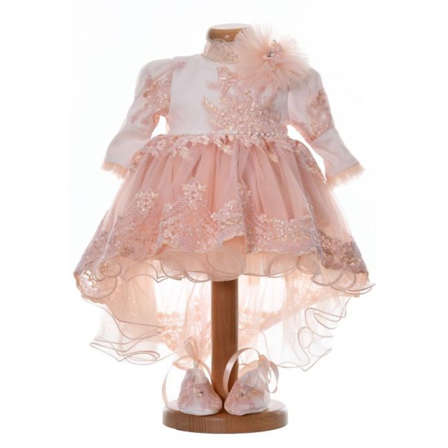 Rochita botez fetite, cu trena, culoare somon elegant, 3 piese, Denikos® H042 NKO5891