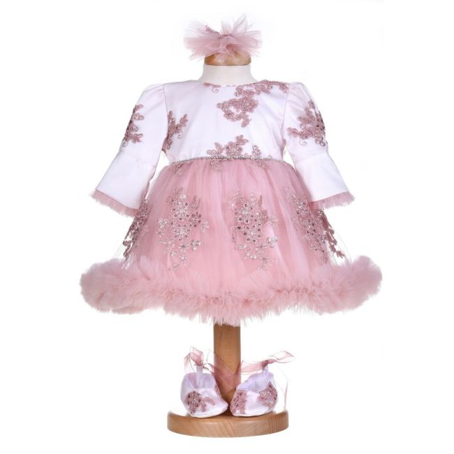 Rochita botez fetite, cu volanas, culoare alb - roz pudrat, 3 piese, Denikos® H030 NKO5879