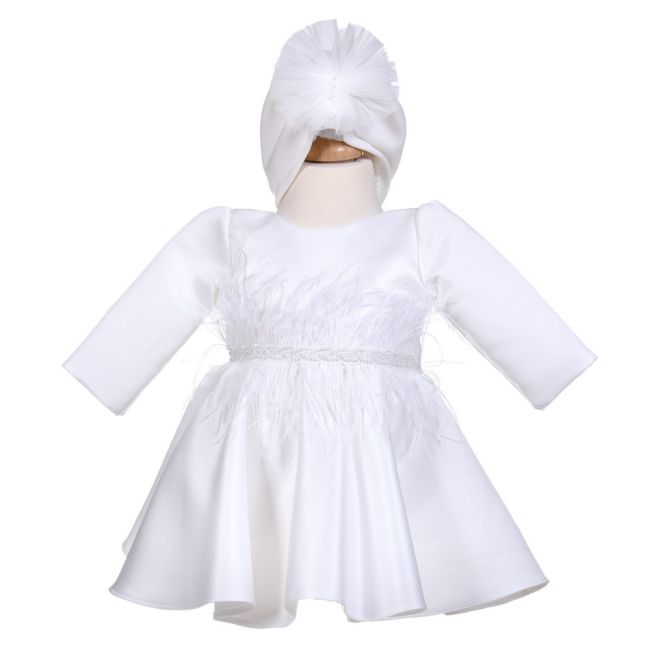 Rochita botez fetite, eleganta, cu pene, culoare alb fildes, 2 piese, Denikos® H050 NKO5947