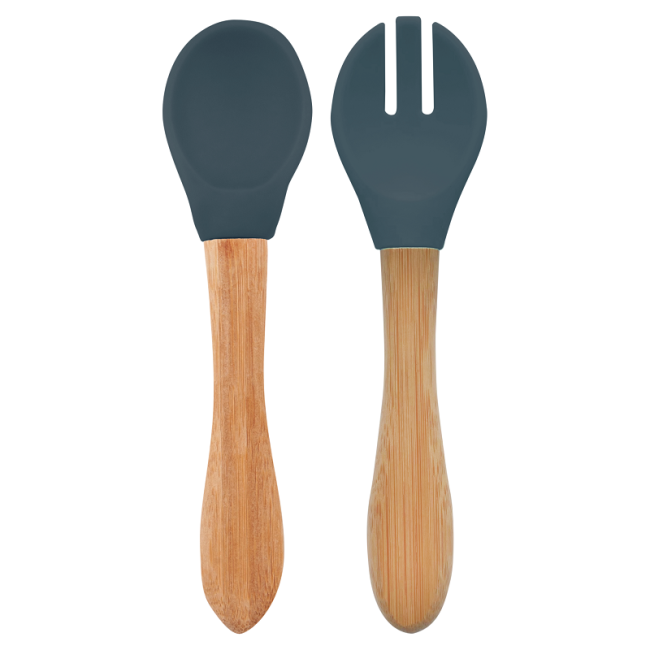 Set Lingurita si Furculita Minikoioi, Varf din Silicon si Maner din Bambus – Deep Blue KRT101060063
