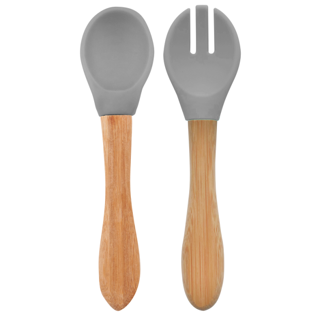 Set Lingurita si Furculita Minikoioi, Varf din Silicon si Maner din Bambus – Powder Grey KRT101060057