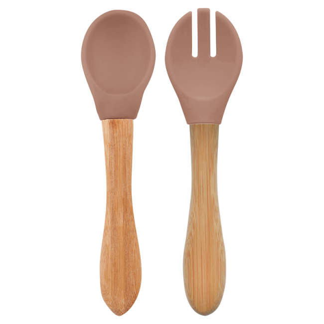 Set Lingurita si Furculita Minikoioi, Varf din Silicon si Maner din Bambus – Woody Brown KRT101060062