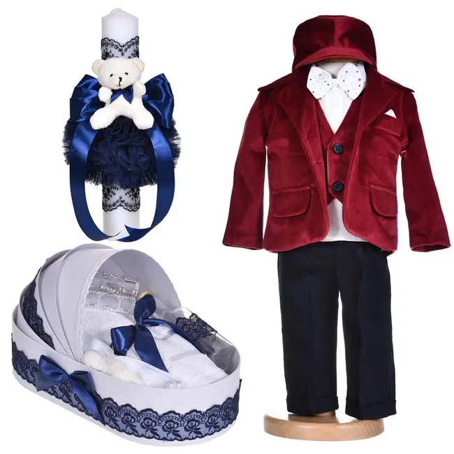 Set botez, costum baietel, 5 piese, trusou botez si lumanare, decor bleumarin si ursulet, Denikos&reg; C1131 NKO5892