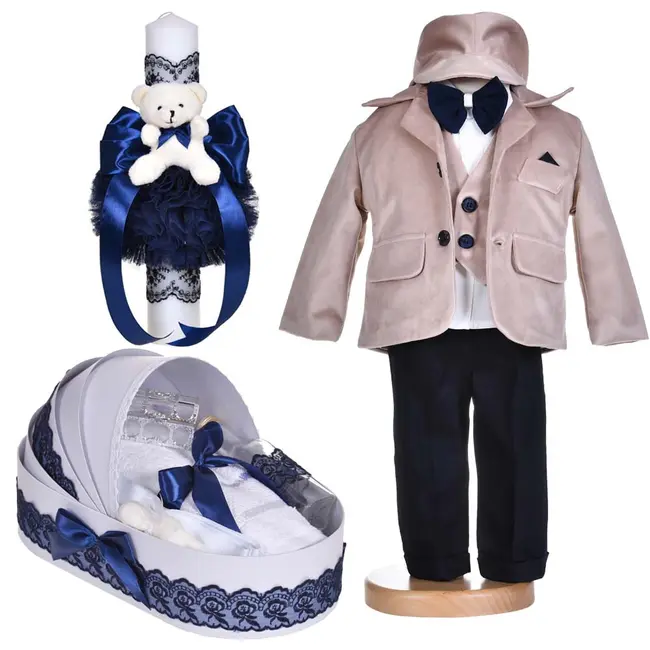 Set botez, costum botez baiat, 5 piese, trusou botez si lumanare, decor bleumarin, Denikos&reg; C1132 NKO5893