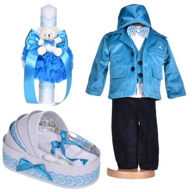 Set costum botez baieti 5 piese cu trusou botez si lumanare decor turcoaz Denikos® C1133 NKO5894