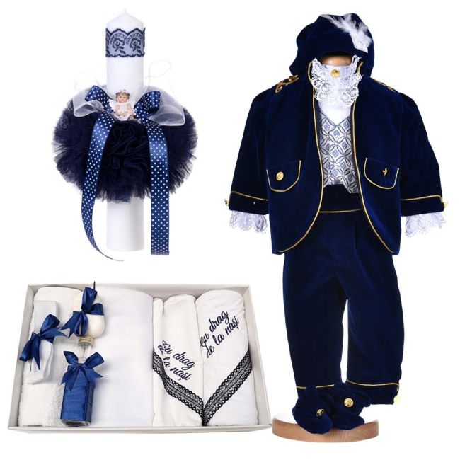 Costum botez baiati Print Fermecator 5 piese plus trusou botez cu mesaj si lumanare cu ingeras Denikos® C1171 NKO5932