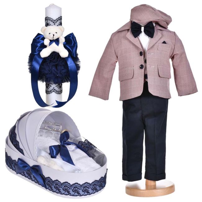 Set botez, costum botez baiat elegant, 5 piese, trusou botez si lumanare, Denikos® C1155 NKO5916