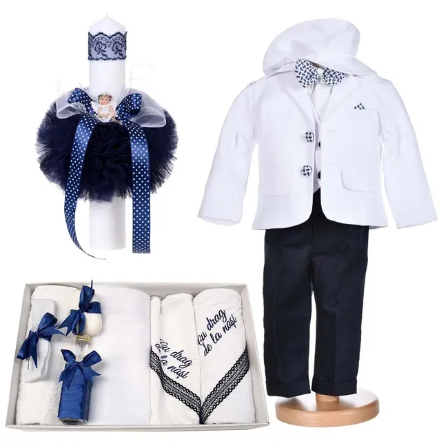 Set costum botez 5 piese pentru baietel cu trusou botez mesaj si lumanare cu ingeras Denikos&reg; C1162 NKO5923