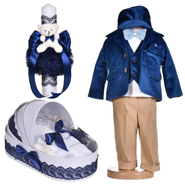 Set costum botez baietel, 5 piese, trusou botez si lumanare decor bleumarin Denikos&reg; C1134 NKO5895