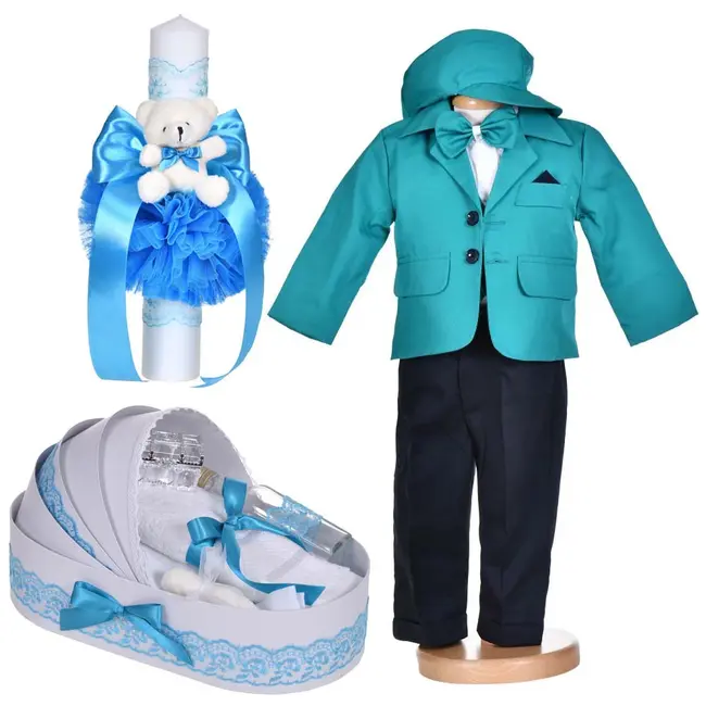 Set costum botez 5 piese cu trusou botez si lumanare pentru baieti decor turcoaz Denikos&reg; C1157 NKO5918