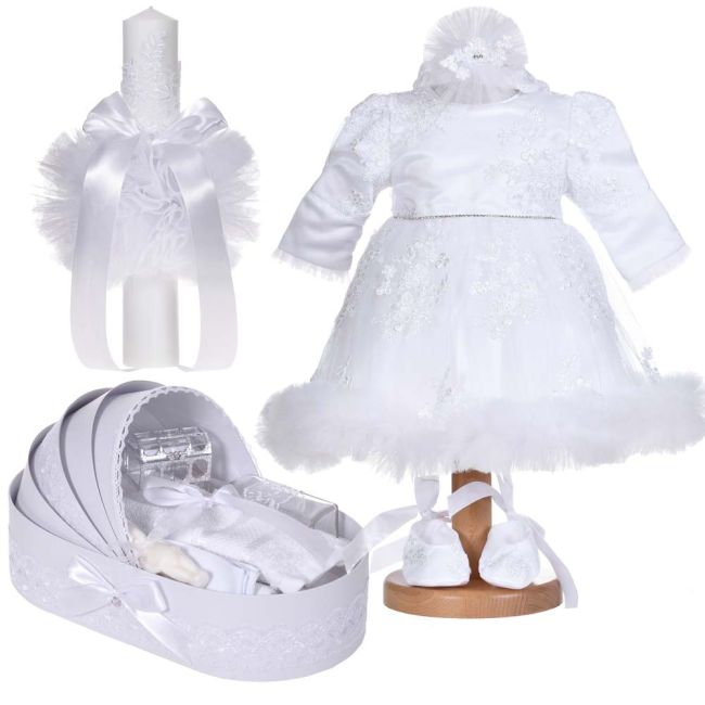 Pachet rochita botez cu volanas 3 piese si trusou botez fete cu lumanare decor dantela alba diafana Denikos® C1150 NKO5911