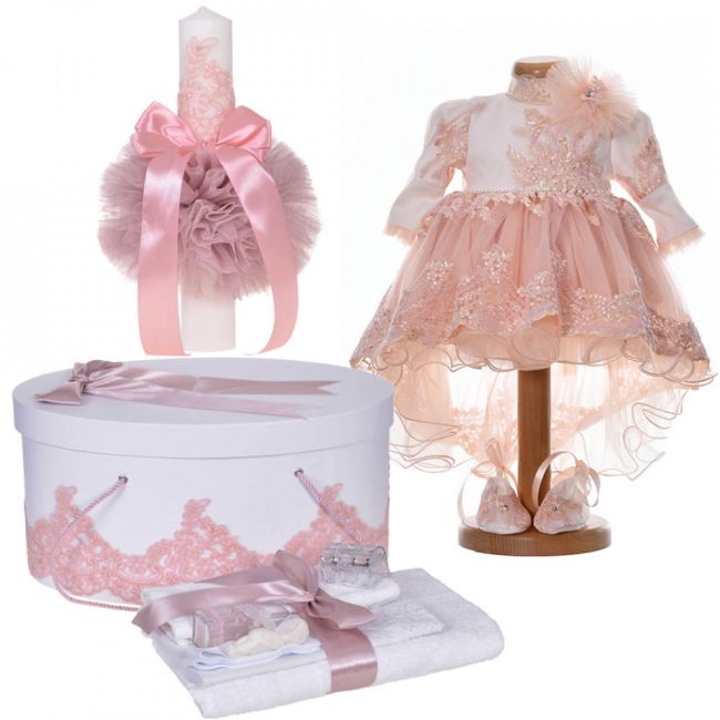 Set rochita cu trena 3 piese si trusou botez pentru fetita cutie trusou si lumanare decor dantela dusty rose Denikos® C9189 NKO5493