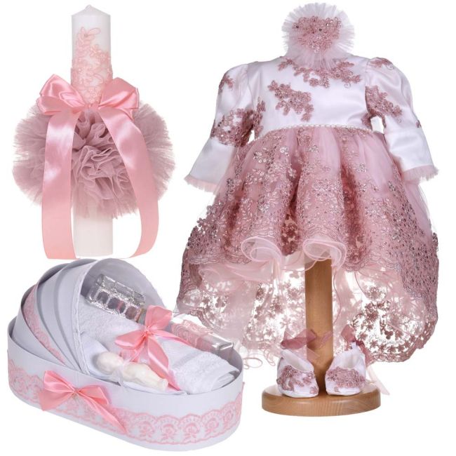 Set tursou botez cu lumanare fete si rochita cu trena 3 piese decor dantela roz pudra Denikos® C9198 NKO5502