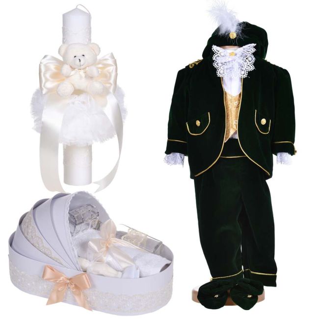Set costum botez Micul Rege, 5 piese, trusou botez si lumanare Baieti decor ivoire Denikos® C1138 NKO5899
