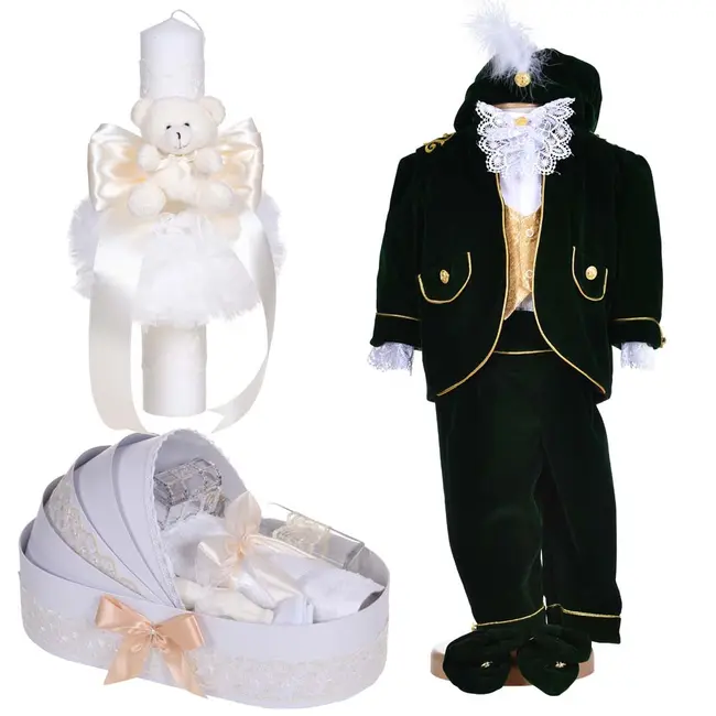Set costum botez Micul Rege, 5 piese, trusou botez si lumanare Baieti decor ivoire Denikos&reg; C1138 NKO5899