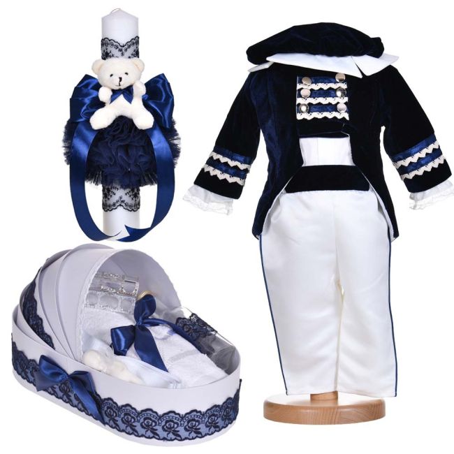 Set costum botez Little Prince 4 piese si trusou botez cu lumanare decor bleumarin Baietel Denikos® C1139 NKO5900