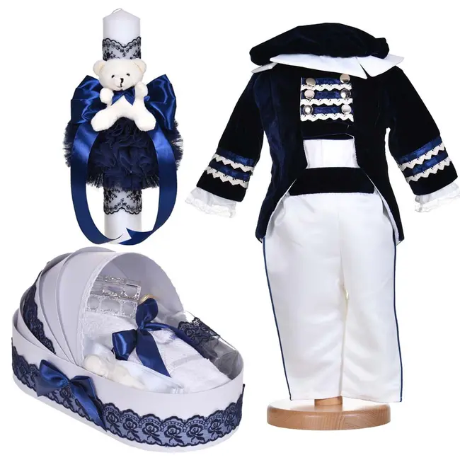 Set costum botez Little Prince 4 piese si trusou botez cu lumanare decor bleumarin Baietel Denikos&reg; C1139 NKO5900