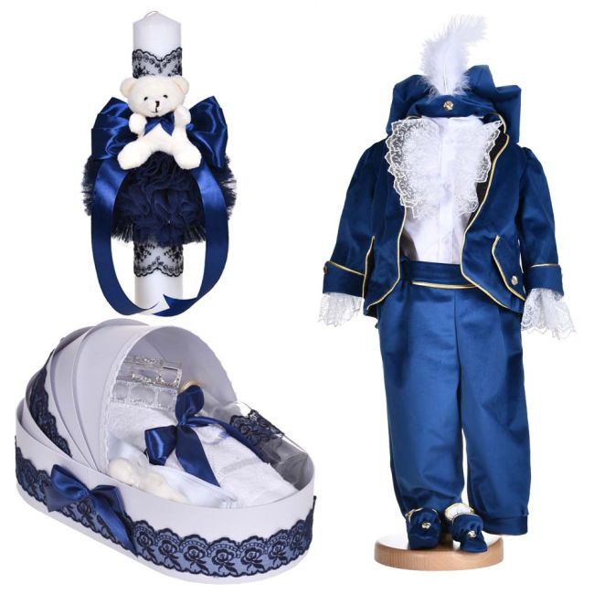 Pachet trusou botez baieti si costum botez Printisor 5 piese cu lumanare decor bleumarin Denikos® C1141 NKO5902