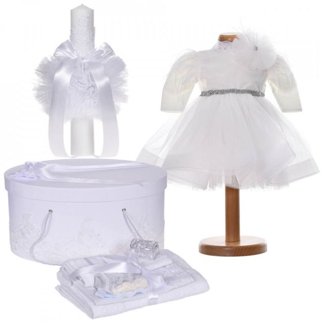 Set botez elegant cu rochita 2 piese si trusou botez fata cutie trusou si lumanare decor dantela alba Denikos® C9186 NKO5490