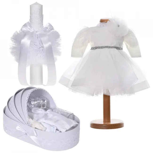 Set lumanare botez si rochita 2 piese cu trusou botez pentru fata decor dantela alba Denikos&reg; C9196 NKO5500