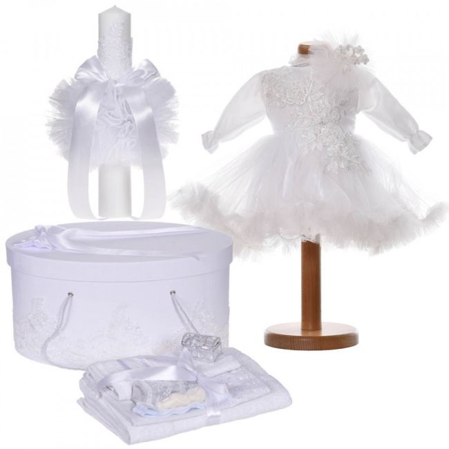 Set trusou botez si rochita 2 piese pentru fetite cu lumanare decor alb diafan Denikos® C9195 NKO5499