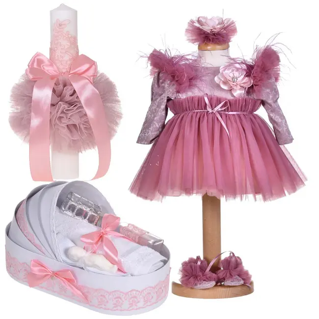 Set rochita 3 piese si trusou botez in landou cu lumanare fete decor roz pudrat inchis Denikos&reg; C1142 NKO5903
