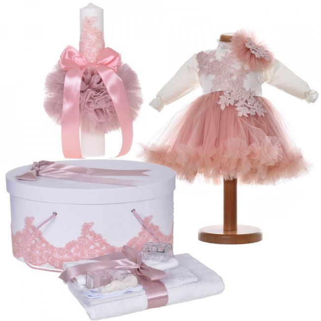 Set botez fetita rochita botez 2 piese, trusou botez, cutie trusou si lumanare, decor alb, roz pudra, Denikos® C9182 NKO5486