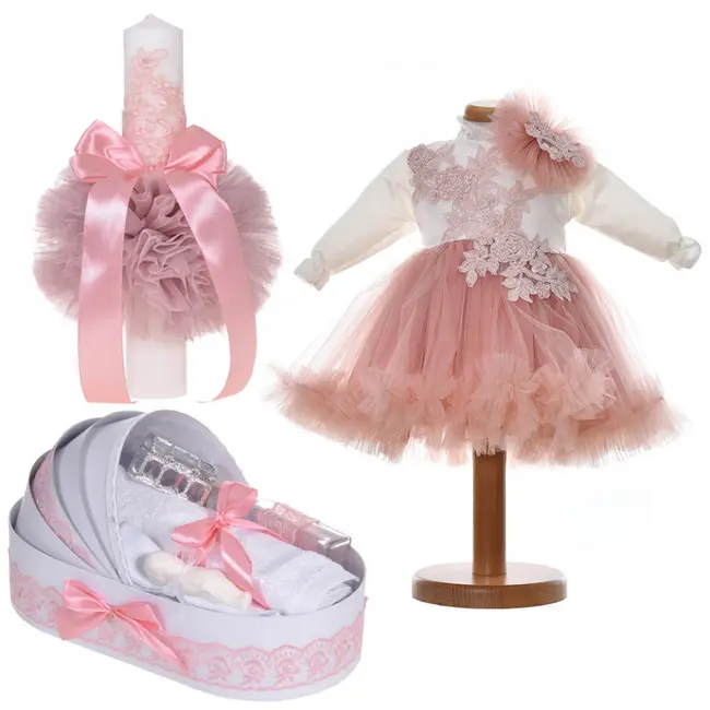 Set rochita botez 2 piese cu trusou botez si lumanare pentru fata decor alb - roz pudra Denikos® C9192 NKO5496