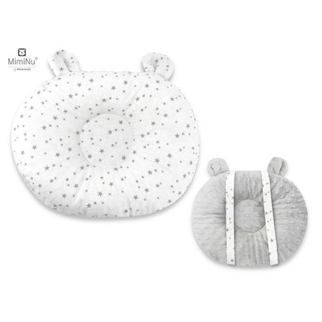 MimiNu - Perna bebelusi Ursulet, Multifunctionala, Cu doua fete, Tesatura pufoasa minky si bumbac, Materiale certificate Oeko Tex Standard 100, Minky Mini Gray Stars BYN6426972018692