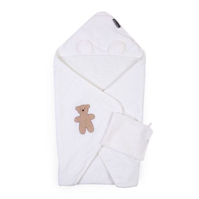 Prosop cu gluga si manusa de baie Childhome 80x80 cm, Muselina/Terry Teddy ERFCH-CCBCJMTB