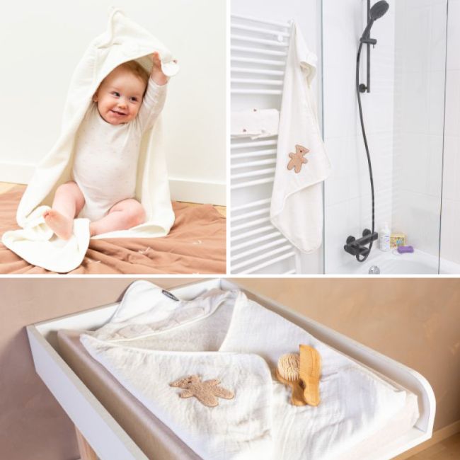 Prosop cu gluga si manusa de baie Childhome 80x80 cm, Muselina/Terry Teddy ERFCH-CCBCJMTB