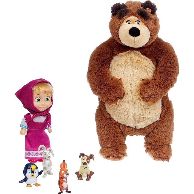 Set simba masha and the bear masha 12 cm cu ursulet de plus 25 cm si 4 animale hubs109301073