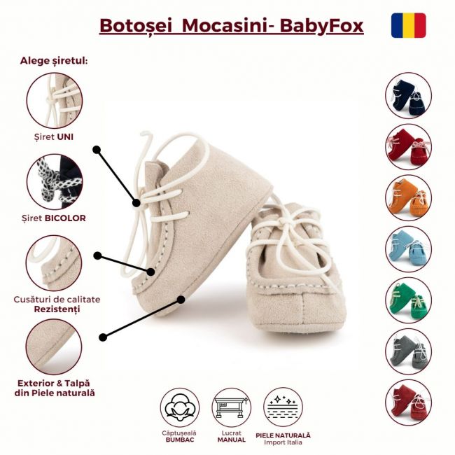 Botosei mocasini bebe Baby Fox din piele naturala Ivoire cu siret uni - FOX10312772-iv