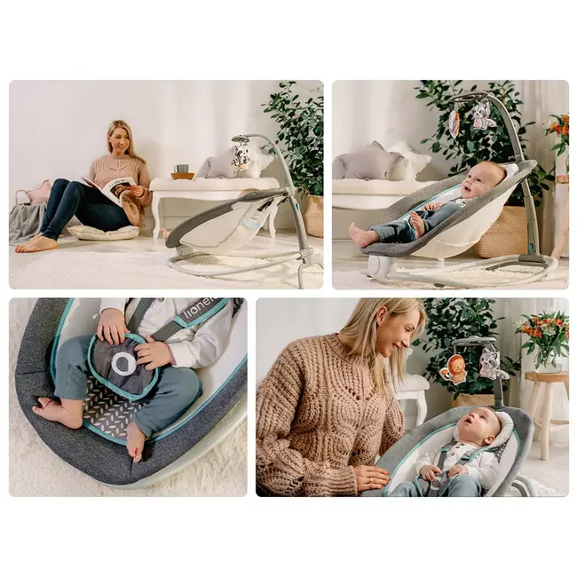 Lionelo - Fotoliu balansoar cu vibratii, Pascal Scandi, Cu 12 melodii linistitoare, Pliabil, 80x49 cm, Gri Deschis BYNLO-PASCAL_GREY_DOVE