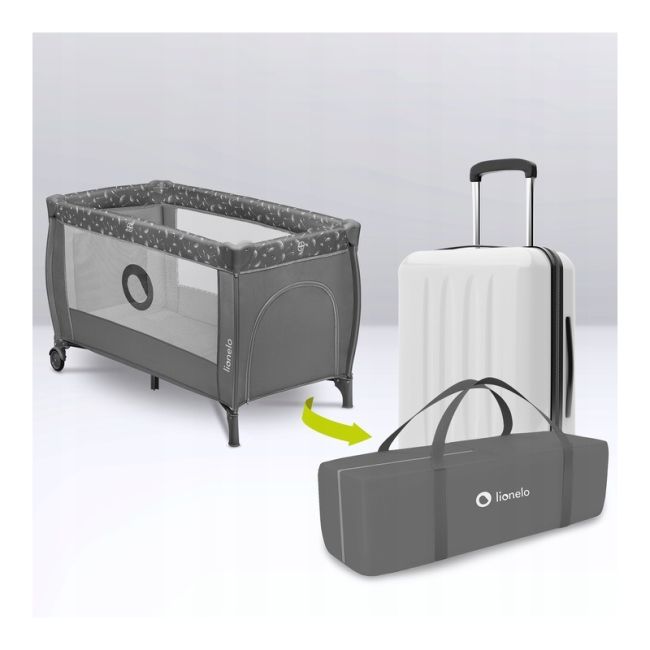 Lionelo - Patut pliant cu doua nivele, Stefi Plus, Cu intrare laterala cu fermoar, 2 roti, 120x60 cm, Conform cu standardul european de securitate EN 716, Gri BYNLO-STEFI_PLUS_GREY_WHITE