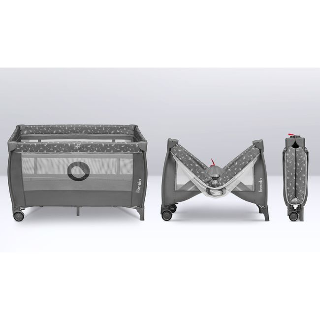 Lionelo - Patut pliant cu doua nivele, Stefi Plus, Cu intrare laterala cu fermoar, 2 roti, 120x60 cm, Conform cu standardul european de securitate EN 716, Gri BYNLO-STEFI_PLUS_GREY_WHITE