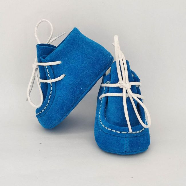 Botosei mocasini bebe din piele naturala BabyFox Turquoise Atlas cu siret alb uni - FOX1031279tqz