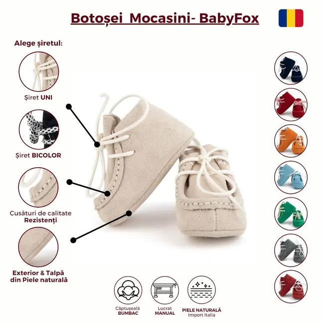 Botosei mocasini bebe din piele naturala BabyFox Turquoise Atlas cu siret alb uni - FOX1031279tqz