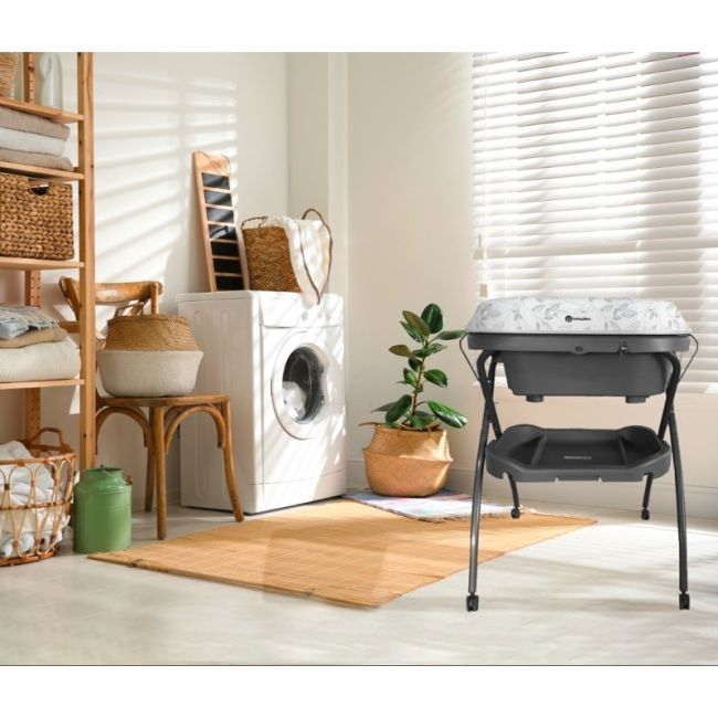 Petite&Mars - Cadita 3 in 1, Spa, Cu masuta de infasat si spatiu de depozitare, Pliabila, Cu roti si sistem de scurgere, Gri BYN771902