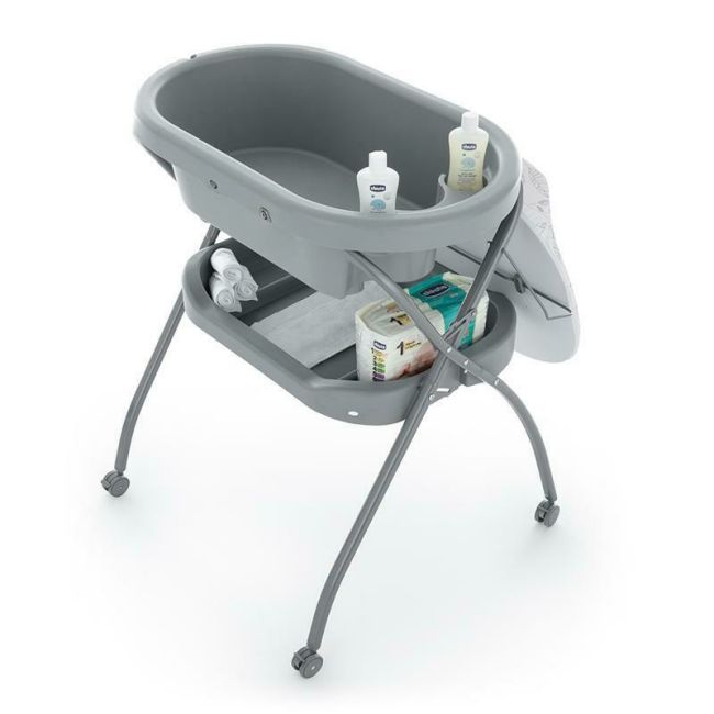 Petite&Mars - Cadita 3 in 1, Spa, Cu masuta de infasat si spatiu de depozitare, Pliabila, Cu roti si sistem de scurgere, Gri BYN771902