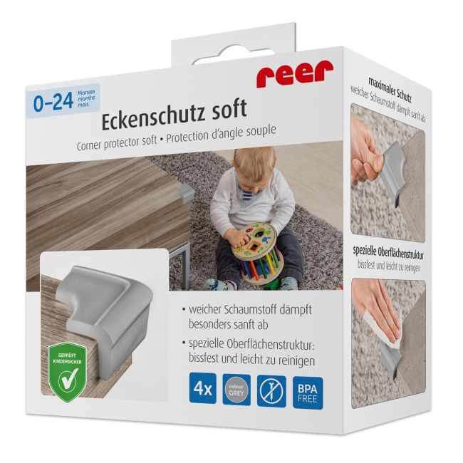 Set 4 protectii de colturi din spuma poliuretan, cu banda adeziva 3M, rezistenta la muscaturi, gri, Reer 82031
