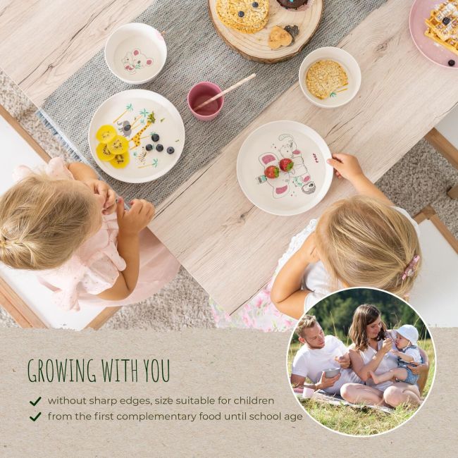 Set 5 piese vesela pentru mancarea copiilor, din materiale naturale, fara BPA, fara melamina, lavabile in masina de spalat vase, Reer Growing 22020