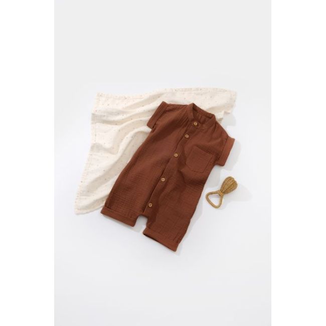 Salopeta de vara din muselina, BabyCosy, 100% bumbac organic, caramiziu (Marime: 9-12 luni) JEMBC-CSYM7004-9