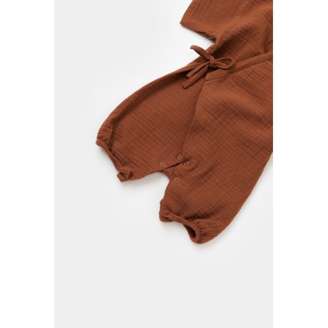 Salopeta petrecuta din muselina, BabyCosy, 100% bumbac organic, Caramiziu (Marime: 3-6 Luni) JEMBC-CSYM7001-3
