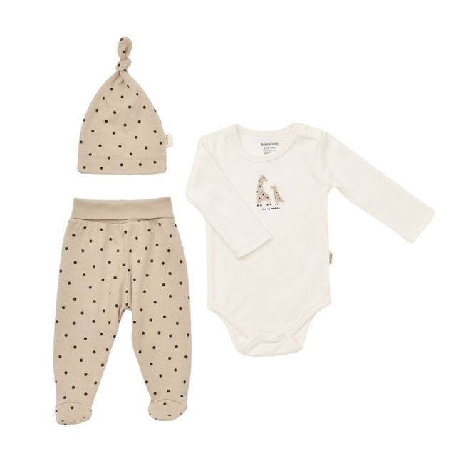 Set 3 piese: body, pantaloni si caciulita Girafa, BabyCosy, 100% bumbac organic (Marime: 6-9 luni) JEMBC-CSY5200-6