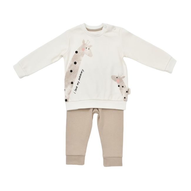 Set bluzita cu maneca lunga si panataloni lungi Girafa, BabyCosy, 100% bumbac organic, Ecru (Marime: 12-18 Luni) JEMBC-CSY2014-12