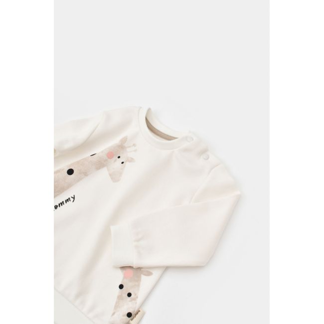 Set bluzita cu maneca lunga si panataloni lungi Girafa, BabyCosy, 100% bumbac organic, Ecru (Marime: 12-18 Luni) JEMBC-CSY2014-12